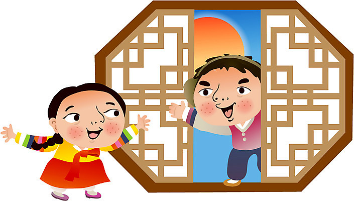 한국문화 한국전통 여자 남자 어린이 일러스트 전통캐릭터 새해 사람 두명 태양 전통의상 한복 전통문 어린이만 일러캐릭터 AI파일 자연요소 캐릭터 동양문화 전통 한국 문 파일형식 벡터