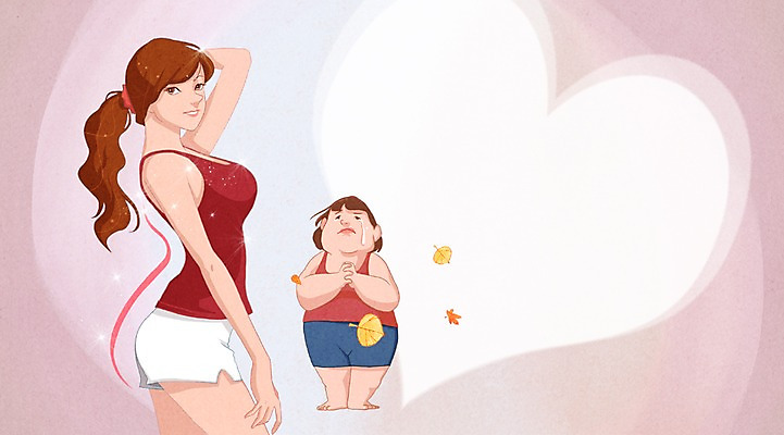 PSD 여자 일러스트 성공 프레임 사람 성인 두명 뷰티 비교 변화 몸매 비만 날씬함 만족 여자만 성인여자만 성인만 국내일러스트 감정 컨셉 파일형식