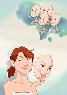 PSD 여자 얼굴 일러스트 성공 가면 한명 사람 성인 뷰티 비교 변화 성형수술 미녀 만족 주근깨 여자만 여자한명만 성인여자만 성인만 국내일러스트 1 감정 컨셉 신체부위 점 수술 미인 파일형식