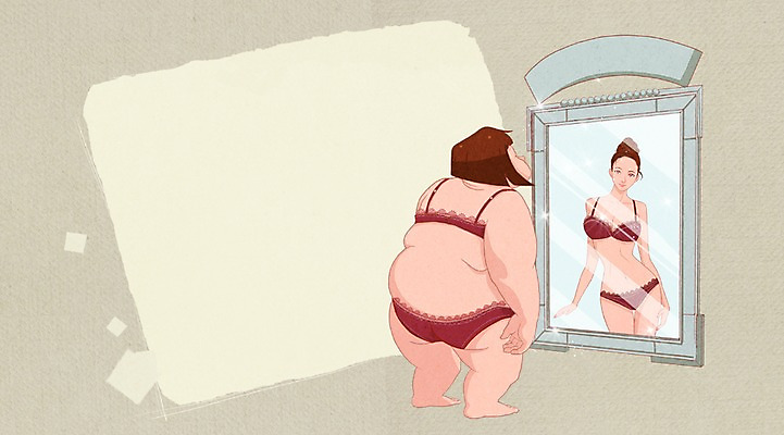 PSD 여자 일러스트 성공 프레임 한명 사람 성인 뷰티 거울 비교 변화 성형수술 속옷 몸매 비만 만족 여자만 여자한명만 성인여자만 성인만 국내일러스트 1 옷 감정 컨셉 수술 파일형식