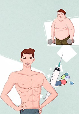 PSD 남자 다이어트 일러스트 성공 근육 주사기 사람 성인 두명 뷰티 약 아령 비교 변화 성형수술 몸매 비만 날씬함 만족 남자만 성인남자만 성인만 그루밍족 국내일러스트 감정 컨셉 의학 의료기기 건강 수술 파일형식