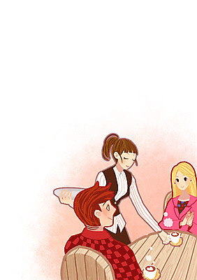 PSD 라이프스타일 여자 남자 여유 커피 음료 백그라운드 의자 데이트 일러스트 탁자 실내 사람 성인 세명 카페 종업원 성인만 국내일러스트 직업 감정 가구 내부 생활 상점 파일형식