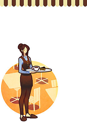 PSD 라이프스타일 여자 여유 커피 음료 백그라운드 의자 일러스트 탁자 디저트 쟁반 한명 사람 성인 케이크 카페 종업원 서빙 여자만 여자한명만 성인여자만 성인만 국내일러스트 직업 1 감정 음식 가구 생활 상점 파일형식