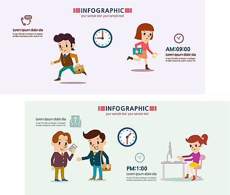 여자 남자 시계 일러스트 비즈니스 통계 사람 여러명 자료 인포그래픽 시간 업무 비즈니스맨 비즈니스우먼 출근 국내일러스트 AI파일 다수 작업 직장인 출퇴근 파일형식 벡터