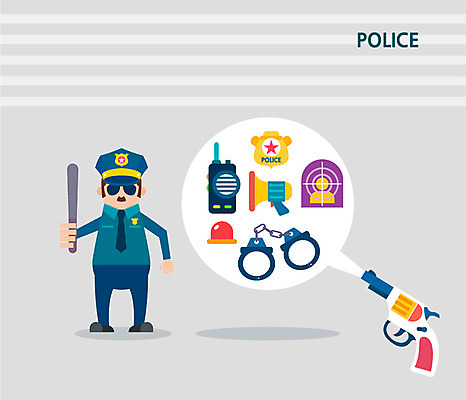 남자 컬러 일러스트 한명 사람 컬러풀 확성기 권총 플랫 경찰 수갑 배지 무전기 경광봉 사이렌 남자만 남자한명만 국내일러스트 AI파일 직업 1 무선통신 총 파일형식 벡터