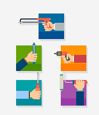 손 컬러 일러스트 사람 여러명 신체부위 컬러풀 공구 드라이버 플랫 톱 페인트롤러 전동드릴 커터칼 국내일러스트 AI파일 다수 사무용품 도구 드릴 파일형식 벡터