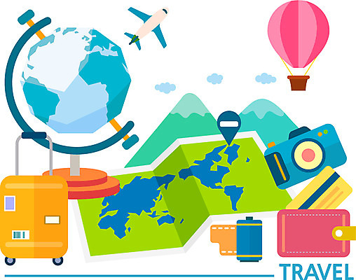 컬러 여행 세계지도 일러스트 산 비행기 사람없음 컬러풀 지구본 카메라 열기구 지갑 플랫 캐비닛 필름 여행용품 국내일러스트 AI파일 지도 항공교통 대중교통 전자제품 세계 사물함 오브젝트 파일형식 벡터