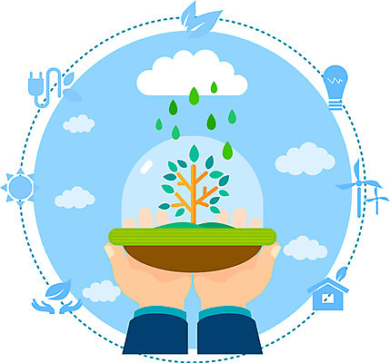 나무 식물 구름 손 컬러 하늘색 일러스트 전구 하늘 주택 한명 사람 신체부위 컬러풀 태양 자연보호 풍차 플랫 플러그 코드 전기에너지 에코 그린슈머 국내일러스트 AI파일 자연요소 1 자연 건물 파란색 환경 에너지 보호 파일형식 벡터