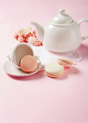 포토 JPG 스튜디오촬영 식물 접시 꽃 음식 분홍색 컬러 백그라운드 주전자 티타임 디저트 실내 사람없음 아웃포커스 컵 달콤 찻주전자 마카롱 국내포토 식기 주방용품 휴식 촬영기법 내부 맛 파일형식