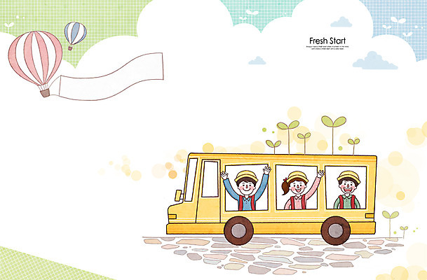 PSD 여자 남자 어린이 일러스트 새출발 새로움 버스 사람 세명 유치원 열기구 스쿨버스 입학 어린이만 국내일러스트 교육 육상교통 컨셉 항공교통 대중교통 출발 파일형식