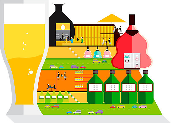 라이프스타일 컬러 일러스트 술병 맥주 사람 여러명 컬러풀 와인 도시 막걸리 주점 테마 국내일러스트 AI파일 다수 병_용기 주류 생활 술집 파일형식 벡터