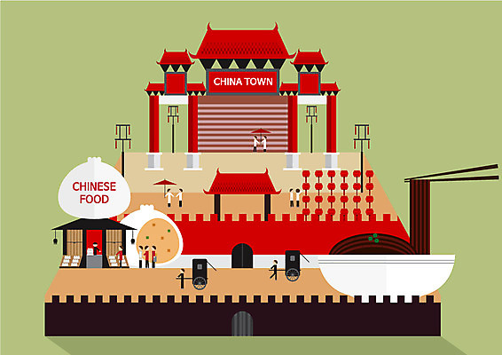 라이프스타일 음식 컬러 일러스트 사람 여러명 컬러풀 상점 중국 도시 성 짜장면 만두 차이나타운 테마 국내일러스트 AI파일 건축물 아시아 다수 생활 관광지 중식 파일형식 벡터