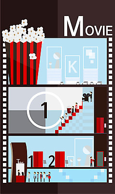 라이프스타일 컬러 일러스트 사람 여러명 빨간색 갈색 문 계단 상점 도시 극장 필름 영화 팝콘 상영관 테마 국내일러스트 AI파일 다수 문화예술 생활 파일형식 벡터