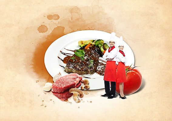 전신 PSD 외국인 편집 편집이미지 모자 접시 여자 남자 음식 토마토 채소 마늘 요리사모자 생고기 육류 스테이크 서기 웃음 사람 성인 두명 장식 팔짱 요식업 요리사 앞치마 버섯 소고기 성인만 이미지편집 직업 모자_잡화 식기 잡화 산업 식재료 모션 서양음식 표정 인종 파일형식
