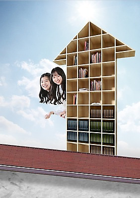 PSD 구름 편집 편집이미지 학생 여학생 여자 교육 화살표 청소년 하늘 지붕 책장 웃음 사람 동양인 상반신 두명 10대 책 한국인 청소년교육 상승 성적 여자만 십대만 십대여자만 이미지편집 자연요소 가구 컨셉 표정 인종 파일형식
