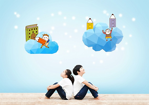 전신 PSD 구름 편집 편집이미지 캐릭터 응시 여자 어린이교육 교육 남자 사람 앉기 동양인 소년 여러명 옆모습 책 연필 한국인 올려보기 등맞대기 이미지편집 자연요소 시선 어린이 뷰포인트 다수 모션 학용품 인종 필기구 파일형식