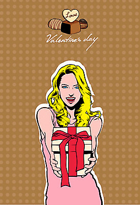 서양인 외국인 여자 기념일 행복 리본 백그라운드 프로포즈 일러스트 발렌타인데이 선물 한명 사람 이벤트 성인 선물상자 초콜릿 축하 팝아트 여자만 여자한명만 성인여자만 성인만 국내일러스트 AI파일 1 감정 컨셉 데이이벤트 디저트 인종 상자 그림 파일형식 벡터