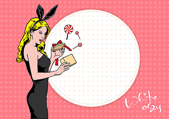 서양인 외국인 여자 기념일 행복 백그라운드 일러스트 화이트데이 프레임 사탕 선물 한명 사람 이벤트 성인 축하 바니걸 팝아트 여자만 여자한명만 성인여자만 성인만 국내일러스트 AI파일 1 감정 컨셉 데이이벤트 디저트 인종 그림 파일형식 벡터