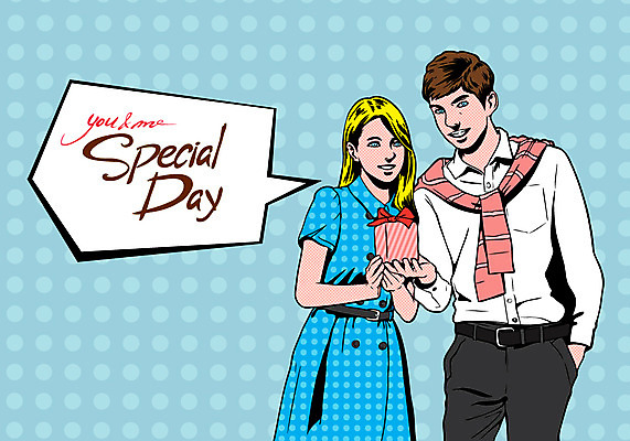 서양인 외국인 커플 여자 기념일 남자 행복 백그라운드 말풍선 일러스트 프레임 선물 사람 이벤트 성인 두명 선물상자 축하 팝아트 스페셜 성인만 국내일러스트 AI파일 감정 컨셉 관계 인종 상자 그림 파일형식 벡터