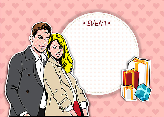서양인 외국인 커플 여자 기념일 남자 행복 백그라운드 일러스트 프레임 선물 사람 이벤트 성인 두명 선물상자 축하 팝아트 성인만 국내일러스트 AI파일 감정 컨셉 관계 인종 상자 그림 파일형식 벡터
