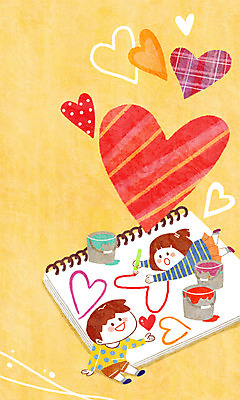 PSD 여자 남자 행복 어린이 일러스트 상상 상상일러스트 사람 두명 연필 페인트 하트 붓 그리기 스케치북 즐거움 페인트통 어린이상상 설레임 어린이만 동심 국내일러스트 모양 감정 모션 학용품 통 필기구 파일형식