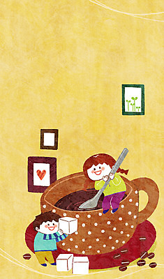 PSD 여자 남자 행복 커피 음료 어린이 액자 일러스트 상상 상상일러스트 사람 두명 숟가락 원두 커피잔 설탕 각설탕 즐거움 어린이상상 설레임 어린이만 동심 국내일러스트 감정 잔 수저 파일형식