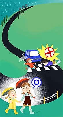 PSD 여자 교육 남자 도로 어린이 일러스트 우산 자동차 안전 사람 여러명 야외 금지 비 횡단보도 위험 불안 예방 빗길 스쿨존 어린이만 국내일러스트 자연요소 감정 길 육상교통 다수 컨셉 교통시설 날씨 보행로 파일형식