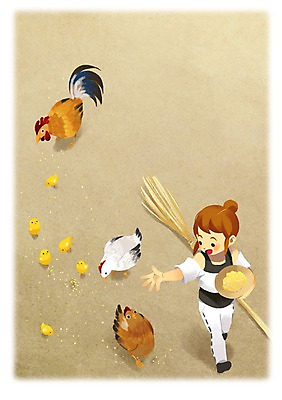 PSD 여자 일러스트 병아리 한명 사람 성인 정원 가축 닭 모이 빗자루 귀농 여자만 여자한명만 성인여자만 성인만 국내일러스트 동물 1 농업 조류 먹이 청소도구 파일형식