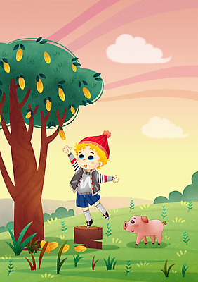 PSD 나무 식물 동물 구름 남자 여유 어린이 과일 일러스트 자연 하늘 함께함 한명 사람 풍경 잔디 야외 아기돼지 남자만 남자한명만 어린이만 소년만 소년한명만 국내일러스트 자연요소 1 감정 새끼 컨셉 돼지 생태계 파일형식