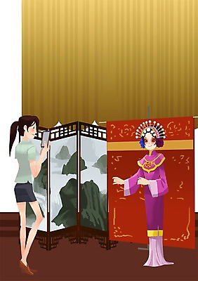 PSD 여자 일러스트 중국문화 실내 사람 성인 두명 스마트폰 분장 촬영 중국 전통의상 즐거움 전통체험 중국전통 중국여행 경극 여자만 성인여자만 성인만 국내일러스트 동양문화 전통 감정 아시아 외국문화 해외여행 내부 핸드폰 스마트기기 체험 파일형식