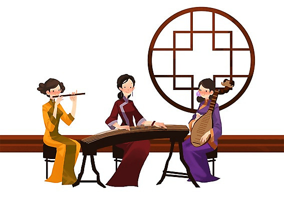 PSD 여자 악기 연주 일러스트 중국문화 실내 국악기 사람 성인 세명 친구 중국 전통의상 즐거움 전통체험 중국전통 중국여행 비파 여자만 성인여자만 성인만 국내일러스트 동양문화 전통 감정 아시아 음악 외국문화 해외여행 관계 현악기 국악 내부 체험 파일형식 중국악기
