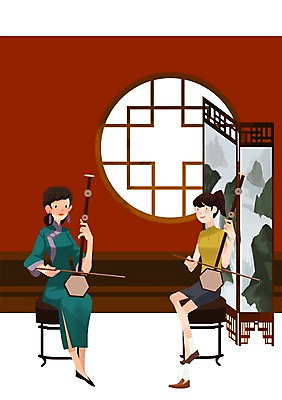 PSD 여자 악기 일러스트 중국문화 실내 국악기 사람 성인 두명 친구 중국 전통의상 치파오 즐거움 전통체험 중국전통 중국여행 얼후 여자만 성인여자만 성인만 국내일러스트 동양문화 전통 감정 아시아 음악 외국문화 해외여행 관계 국악 내부 체험 파일형식