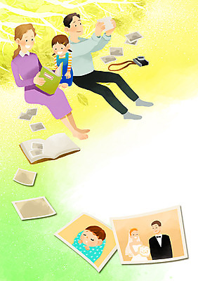 PSD 라이프스타일 여자 남자 딸 어린이 일러스트 가족 엄마 사람 성인 라이프 세명 카메라 아빠 추억 앨범 기념사진 인화 국내일러스트 컨셉 관계 생활 전자제품 파일형식