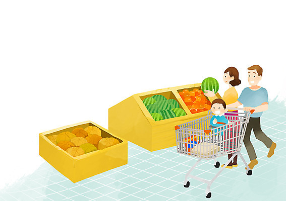 PSD 라이프스타일 여자 남자 아들 어린이 일러스트 가족 엄마 실내 사람 성인 라이프 세명 쇼핑 장보기 쇼핑카 아빠 마트 과일코너 야채코너 국내일러스트 관계 내부 생활 상점 카트 코너 파일형식