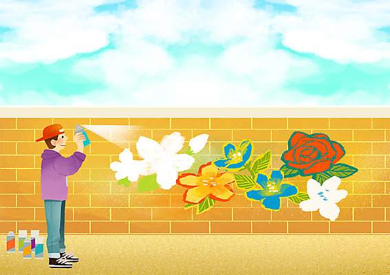 PSD 구름 라이프스타일 남자 예술 벽 일러스트 하늘 한명 사람 야외 라이프 담장 그래피티 그림 스프레이 꽃그림 남자만 남자한명만 국내일러스트 자연요소 1 생활 낙서 파일형식