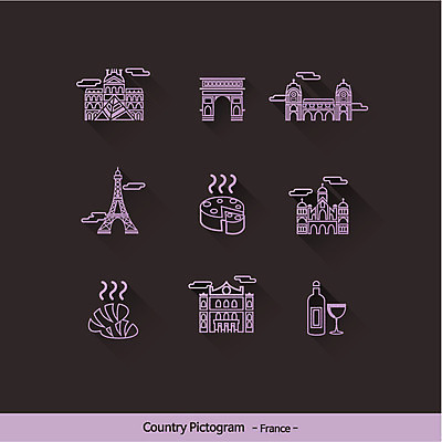 아이콘 나라 빵 치즈 사람없음 관광지 세트 픽토그램 세계 와인 문화재 프랑스 에펠탑 개선문 랜드마크 루브르박물관 몽마르트르 베르사유궁전 오르세미술관 2D아이콘 AI파일 유럽 음식 여행 유제품 주류 궁전 박물관 파리 파일형식 벡터