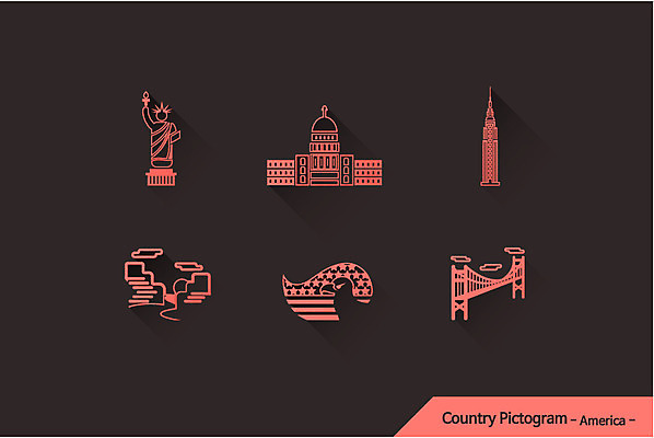 아이콘 나라 사람없음 관광지 세트 픽토그램 세계 미국 문화재 성조기 자유의여신상 금문교 그랜드캐니언 랜드마크 백악관 엠파이어스테이트빌딩 2D아이콘 AI파일 여행 북아메리카 빌딩 세계문화유산 다리_건축물 국기 파일형식 벡터