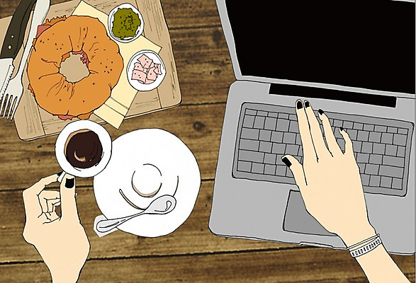 PSD 라이프스타일 손 여자 커피 음식 일러스트 탁자 한명 사람 성인 신체부위 컵 노트북 숟가락 나이프 칼 만화 브런치 베이글 에스프레소 아트툰 성인만 혼족 국내일러스트 1 식기 음료 빵 가구 수저 생활 전자제품 식사 그림 싱글라이프 파일형식