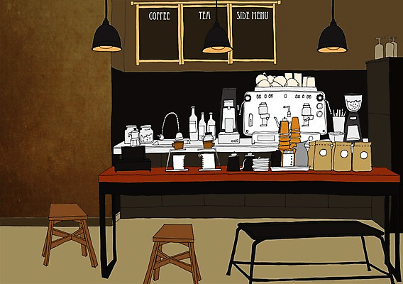 PSD 라이프스타일 커피 백그라운드 의자 일러스트 탁자 주방용품 조명 실내 사람없음 컵 공간 카페 만화 커피메이커 안식처 아트툰 국내일러스트 식기 음료 가구 생활용품 휴식 내부 생활 상점 그림 커피용품 파일형식