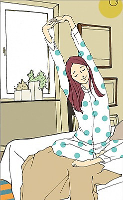 전신 PSD 라이프스타일 여자 화분 액자 일러스트 창문 실내 한명 사람 앉기 성인 침실 이불 방 잠옷 기상 침대 만화 기지개 아트툰 여자만 여자한명만 성인여자만 성인만 국내일러스트 1 옷 가구 침구 모션 내부 생활 그림 파일형식