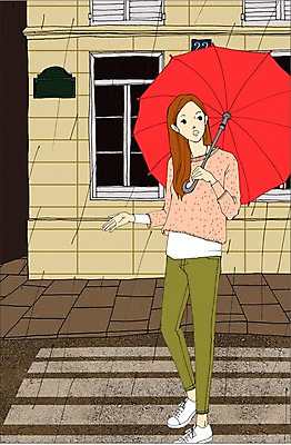 주간 전신 PSD 라이프스타일 여자 일러스트 우산 날씨 거리 한명 서기 사람 성인 야외 건물 비 횡단보도 만화 아트툰 여자만 여자한명만 성인여자만 성인만 국내일러스트 자연요소 1 건축물 모션 생활 보행로 그림 파일형식