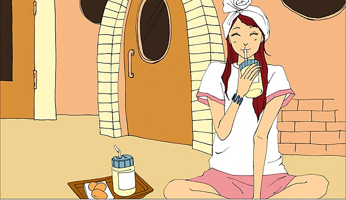 PSD 라이프스타일 여자 음료 일러스트 휴식 실내 한명 사람 성인 문 계란 공간 만화 식혜 찜질방 아트툰 여자만 여자한명만 성인여자만 성인만 국내일러스트 1 컨셉 내부 생활 알 전통차 그림 파일형식