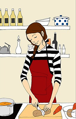 PSD 라이프스타일 여자 채소 일러스트 선반 감자 도마 실내 요리 한명 사람 성인 주방 앞치마 당근 조미료 칼 냄비 만화 믹싱볼 아트툰 여자만 여자한명만 성인여자만 성인만 국내일러스트 1 그릇 가구 주방용품 뿌리채소 내부 생활 솥 그림 향미료 파일형식