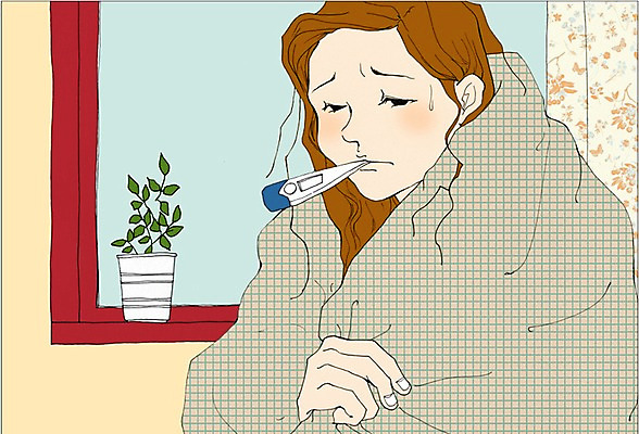 PSD 식물 라이프스타일 여자 화분 일러스트 창문 한명 사람 성인 공간 침실 이불 방 온도계 체온계 만화 감기 아트툰 여자만 여자한명만 성인여자만 성인만 국내일러스트 1 침구 생활 질병 그림 파일형식