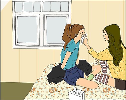 PSD 라이프스타일 여자 감정 일러스트 창문 사람 성인 두명 친구 공간 이불 방 슬픔 침대 화장지 울음 만화 위로 아트툰 여자만 성인여자만 성인만 국내일러스트 가구 관계 침구 표정 생활 그림 파일형식