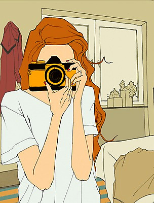 PSD 식물 라이프스타일 여자 화분 일러스트 창문 한명 사람 성인 카메라 사진촬영 공간 침실 방 침대 만화 아트툰 여자만 여자한명만 성인여자만 성인만 국내일러스트 1 가구 생활 전자제품 촬영 그림 파일형식