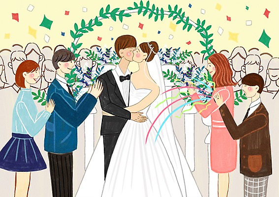 PSD 커플 여자 남자 행복 신부 신랑 결혼 일러스트 결혼식 키스 사랑 사람 여러명 성인 축하 박수 하객 성인만 국내일러스트 감정 다수 컨셉 관계 손짓 이벤트 고객 애정표현 파일형식