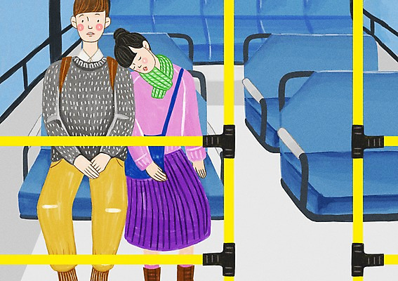 PSD 커플 여자 남자 행복 의자 일러스트 창문 버스 대중교통 실내 사랑 사람 성인 두명 기댐 졸음 안전바 성인만 국내일러스트 감정 육상교통 교통수단 가구 관계 모션 내부 파일형식