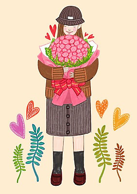 전신 PSD 식물 모자 여자 꽃 행복 꽃다발 일러스트 사랑 한명 서기 사람 성인 하트 여자만 여자한명만 성인여자만 성인만 국내일러스트 모양 1 잡화 감정 모션 파일형식