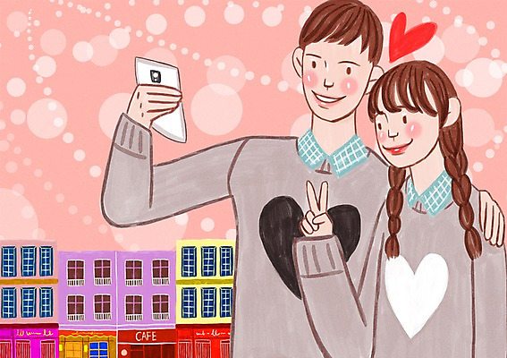 주간 PSD 커플 여자 남자 행복 일러스트 거리 사랑 사람 성인 야외 두명 건물 사진촬영 셀프카메라 커플티 브이 성인만 국내일러스트 자연요소 건축물 감정 관계 손짓 촬영 커플룩 파일형식